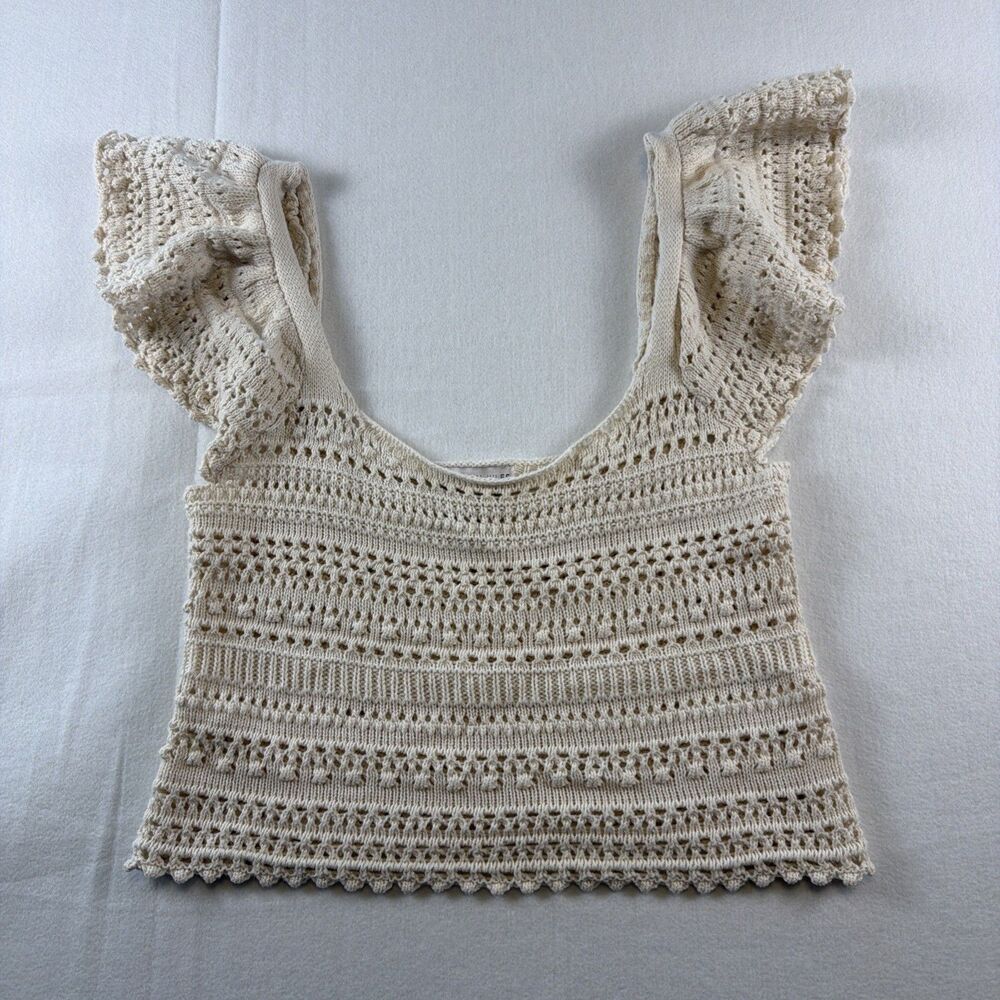 Sincerely Jules Crochet Knit Top S Ivory Flutter Sleeve Coquette Boho Crop Cream